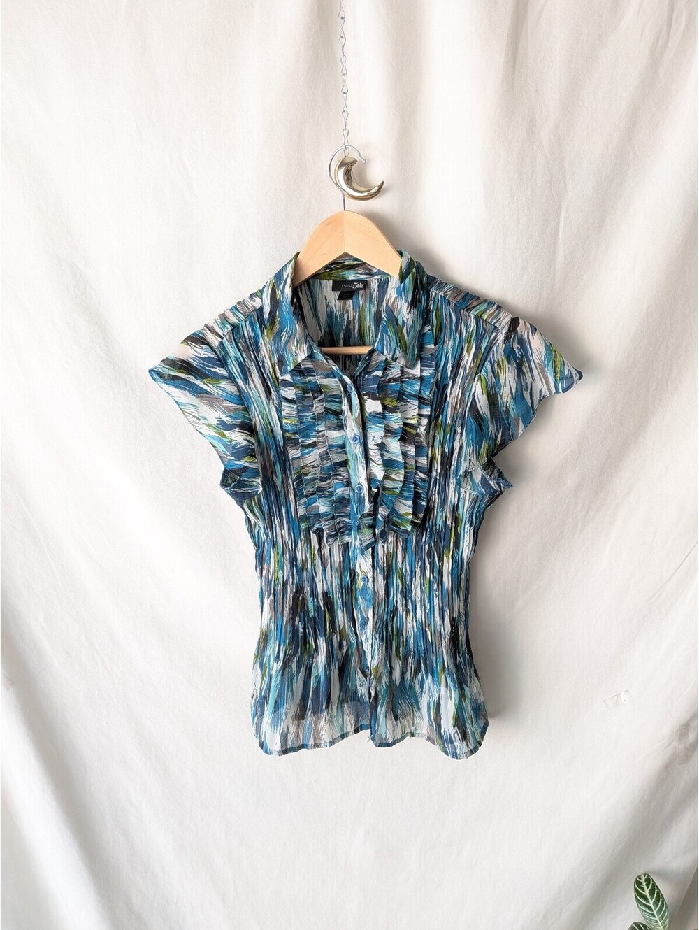 East 5th Petite Blue Abstract Print Short Sleeve Blouse Size PM